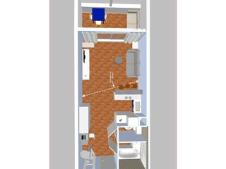 Floor plan, front edge of gallery dashed