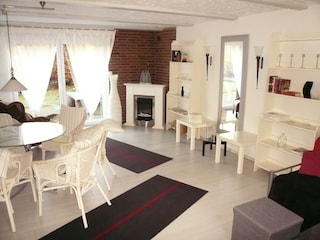 Wohnzimmer mit Terrasse und elektrischem Kamin
