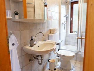 Badezimmer mit Dusche und Fenster