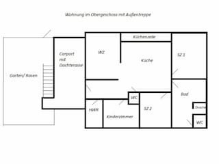 Grundriss Wohnung inkl. Carport und Garten