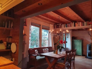 view from  open kitchen into living