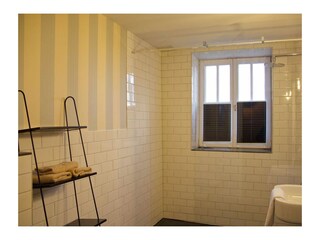 Badezimmer mit Spiegel und Dusche in der Inselblume 85