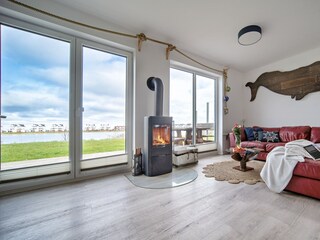 holzbefeuerter Kamin im Ferienhaus Boje mit Top Lage auf der Kapitänshalbinsel