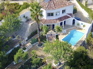Gesamtansicht: Villa, Pool & Garten