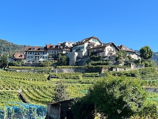 Blick auf das alte Dorf von Chailly mit der Vigneronne