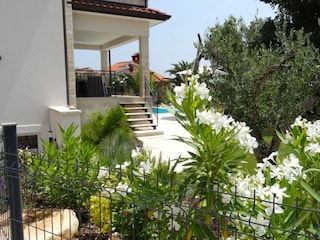 Garten mit Pool und Trampolin