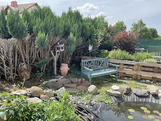 Sonnenbank am Teich für den 1. Kaffee