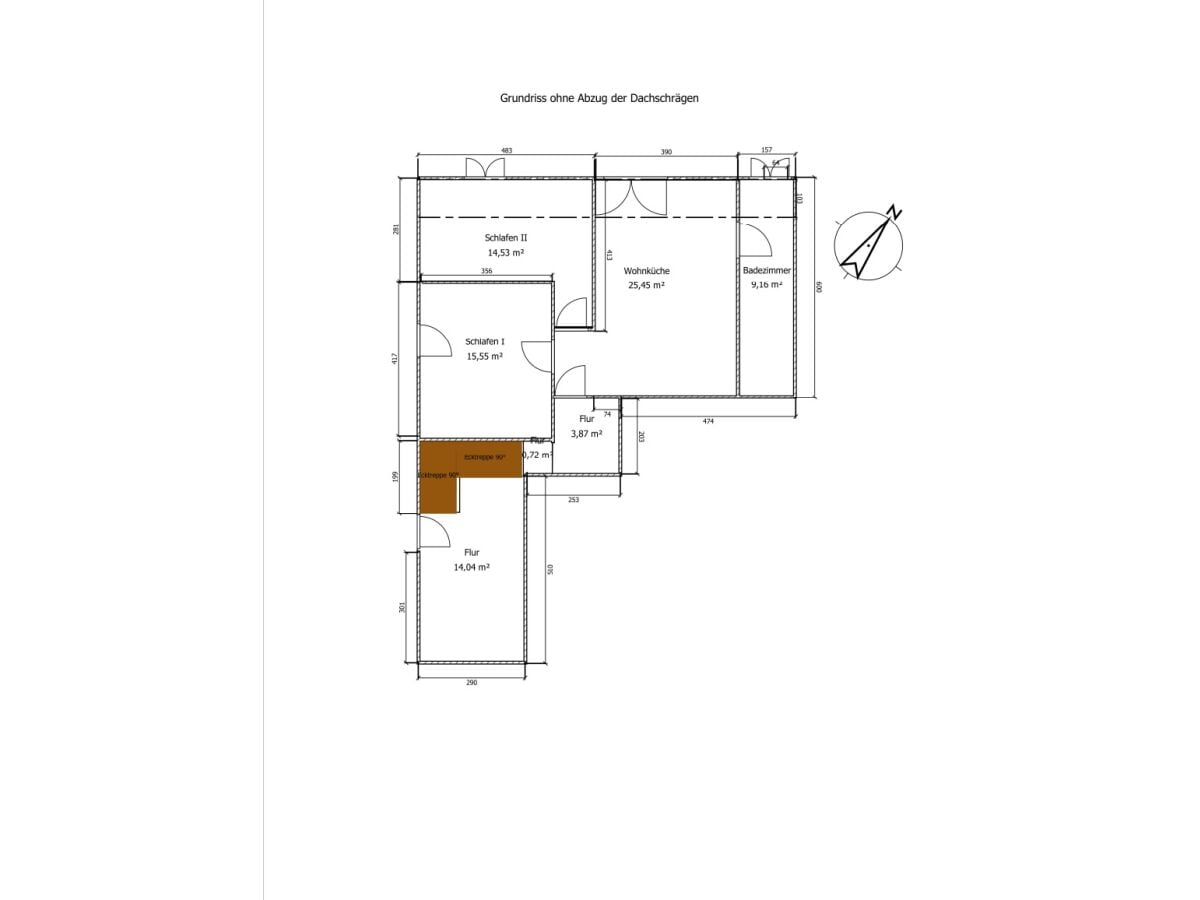 Grundriss ohne Abzug der Dachschrägen (Wohnfläche)