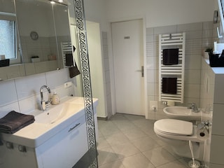 Badezimmer mit Dusche, BD und Fenster