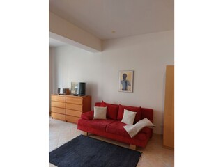 Blick  auf das Schlafsofa mit TV und Stereoanlagen Ecke