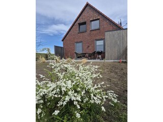 Vor der Terrasse ist ein eingezäunter Garten.