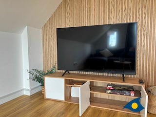 Wohnbereich mit offener Küche und Schlafcouch