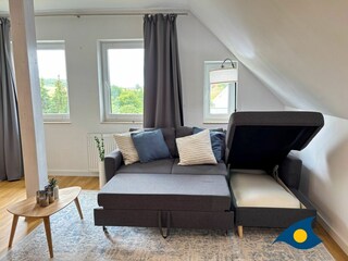 Wohnbereich mit offener Küche und Schlafcouch