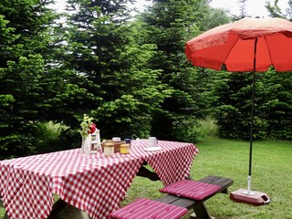 von Tannen eingerahmte und geschützter Terrasse