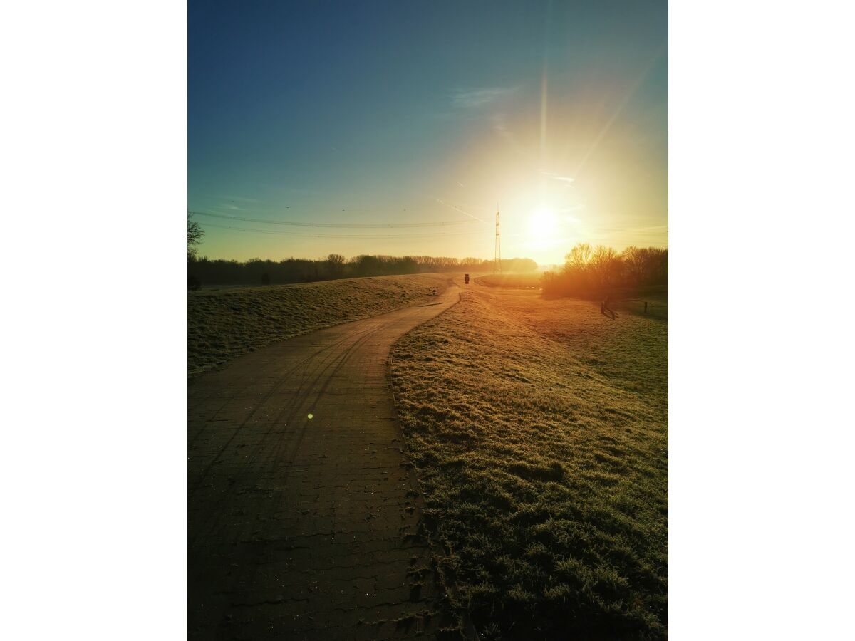 Radweg auf dem Rheindeich bei Sonnenaufgang