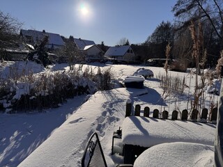 Blick vom See zum Ferienhaus