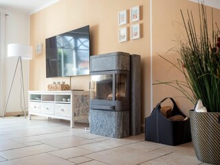Wohnzimmer mit Kamin und TV