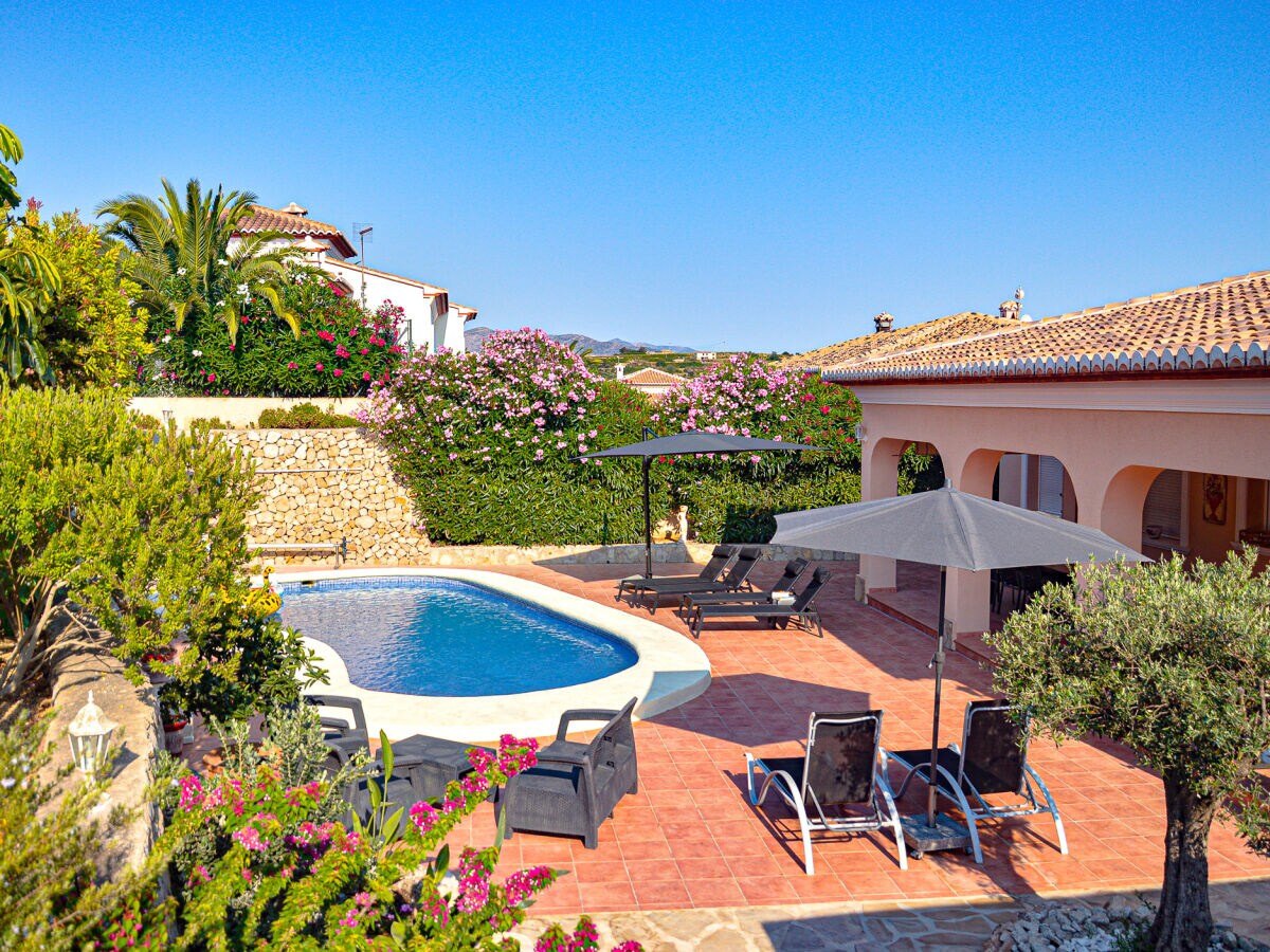 The terrace with swimming pool is south facing.