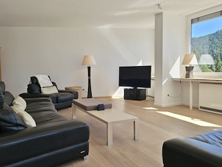 Wohnzimmer mit Ledersofa und Smart TV