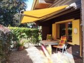 Terrasse mit Markise und Buchenhecke