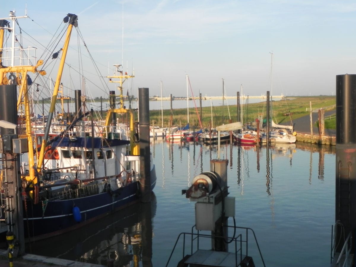 Ditzumerhafen im Hintergrund das Emssperrwerk