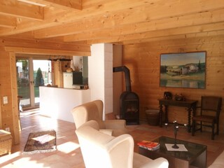 view from living room into the kitchen area