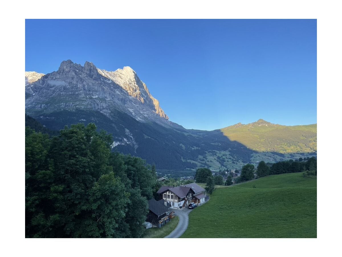 Unser Haus inmitten grüner Alpwiesen, mit dem Eiger