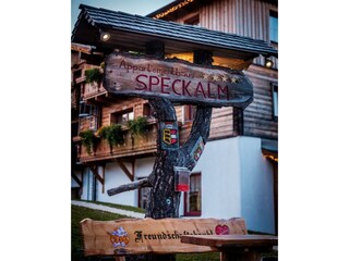 Bank & Schild hinten Speckalm abend