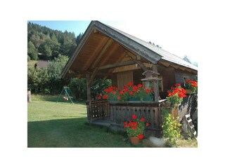 Gartenhütte mit Schaukel im Hintergrund