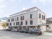 Front of building - 2 storey penthouse outlined in red