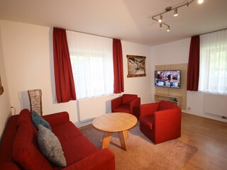 Wohnzimmer mit Sofa, Schrankbett, TV