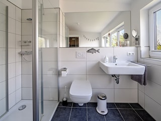 bodengleiche Dusche, WC, Waschbecken, Kosmetikspiegel im ersten Obergeschoss