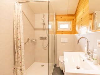 Das Badezimmer mit Dusche, Waschbecken und WC