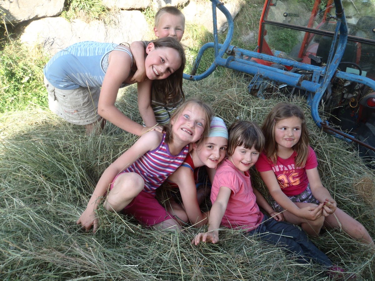 Heuarbeit Plattnerhof, die Kinder freuen sich