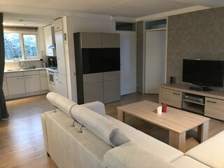 Elegantes Wohnzimmer mit Couch, Fernseher und Holztisch
