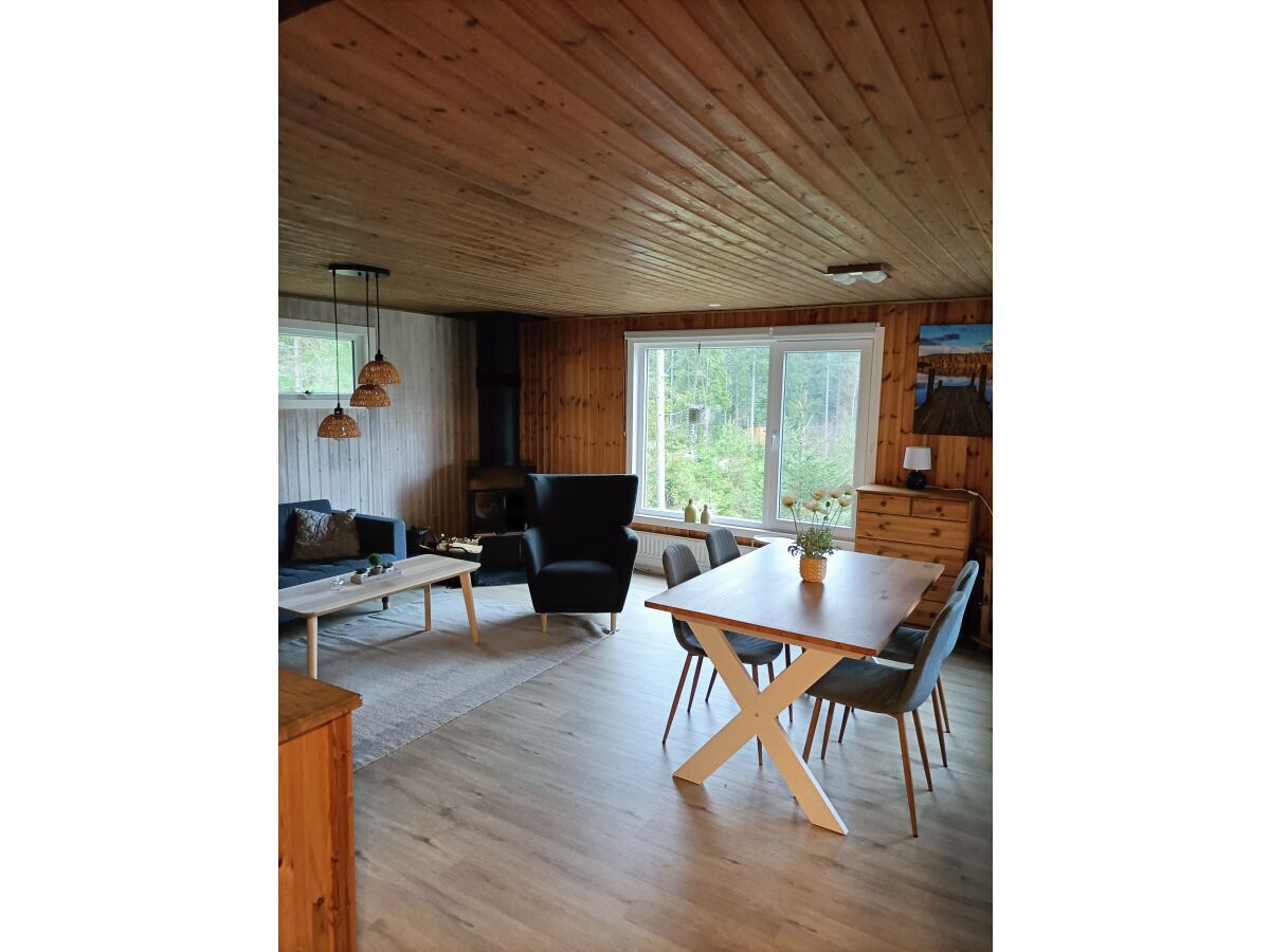 Wohnzimmer mit Kamin und Esstisch