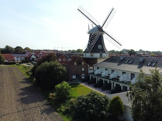 Außenansicht mit historischer Mühle im Hintergrund
