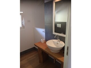 Bathroom with shower, washbasin and WC