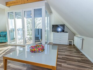 Großer Wohn- und Essbereich mit integrierter Küchenzeile und Balkon