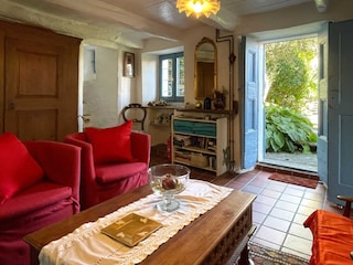 Wohnzimmer mit Kamin und Zugang zum Garten