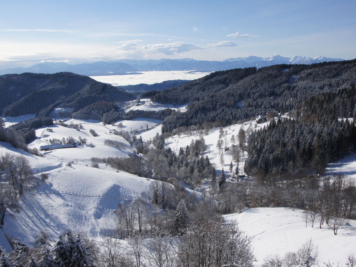 Winterlandschaft mit klarer Sicht bis zu den Karawanken