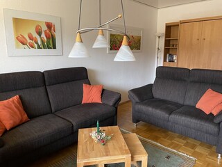 Wohnzimmer mit Couchgarnitur und Schrankbetten