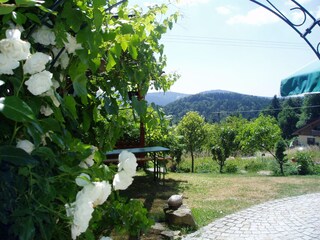 Separater Eingang mit Rosenbogen.