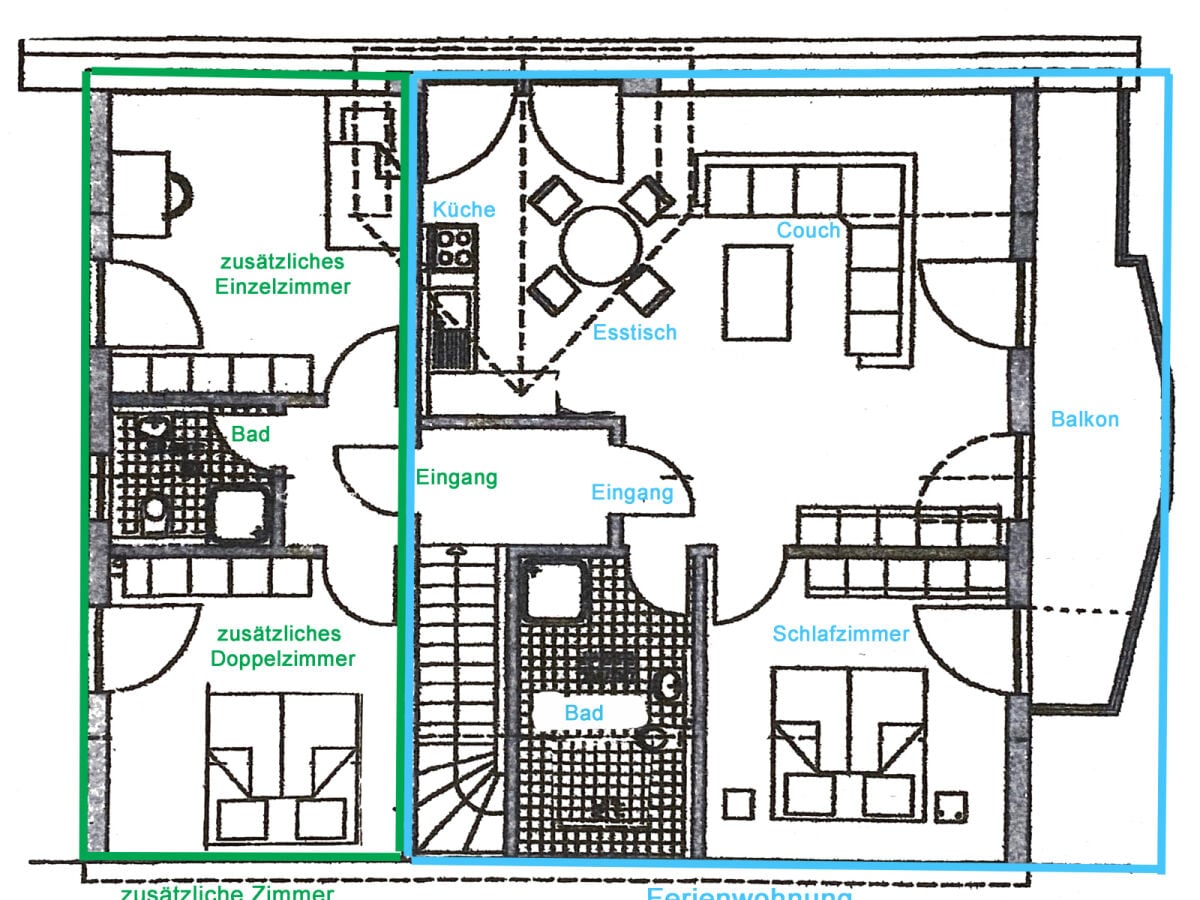 Grundriss Ferienwohnung (58 qm) plus zusätzliche Zimmer