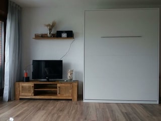 TV und Schrankbett im Wohnbereich