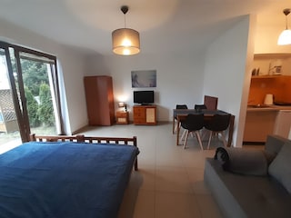 Wohnbereich mit Schlafzimmer und Küchenzeile im EG