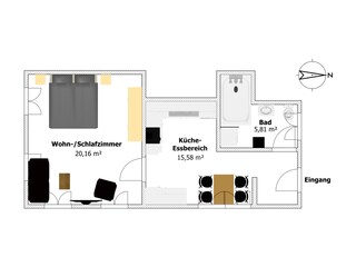Grundriss mit Wohn-Schlafzimmer, Küche und Bad