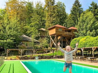 Baumhaus Hotel Anlage mit Salzwasserpool in Bad Gleichenberg im Styrassic Park