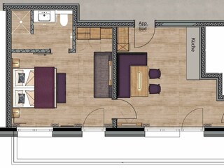 Grundriss Appartement Süd 1 Schlafzimmer
