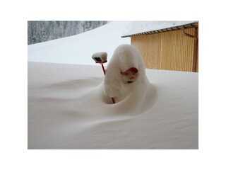 Schneemann von Schneesturm eingehüllt